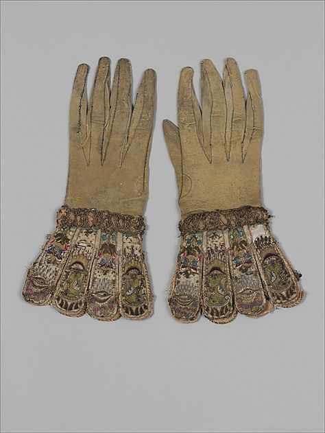 Embroidered leather gloves with ruffles, ca.1600