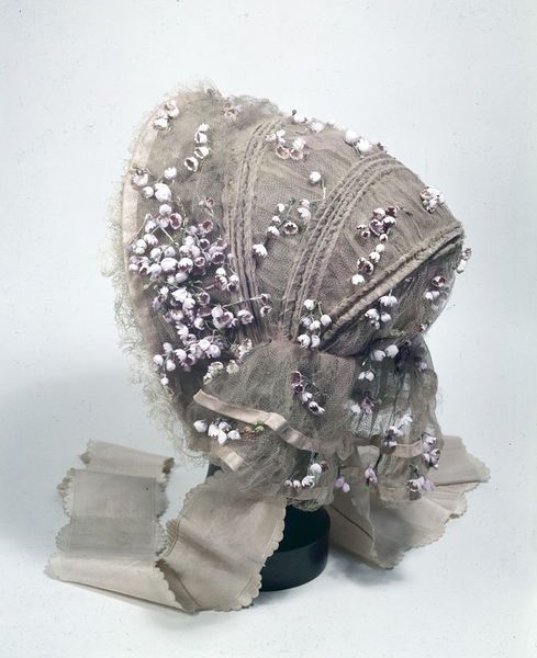 Silk, net, lace and wire bonnet, England, 1855