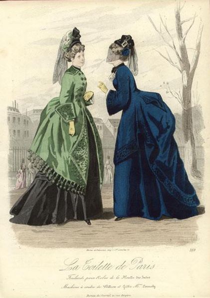 Fashion Plate, 1871 of a green and a blue polonaise gown