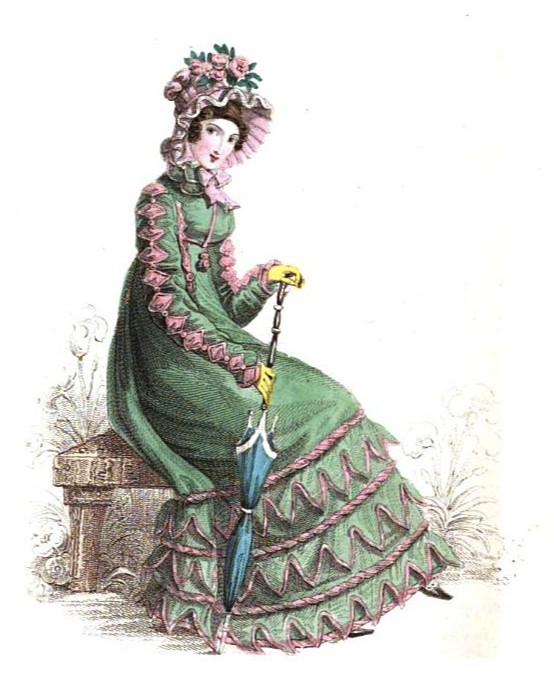 Visiting dress with elaborate trim. La Belle Assemblée, 1820