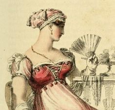 Woman wearing a Spartan or Calypso helmet cap, mechlin lace, peasant bodice, fan and Limerick gloves.
