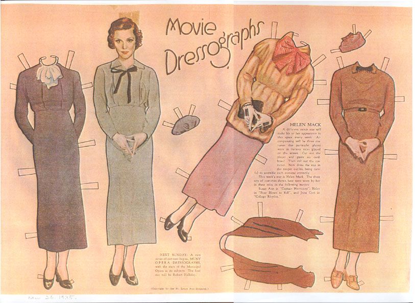 Movie Dressograph of actress Helen Mack four frocks, two hats and a wrap